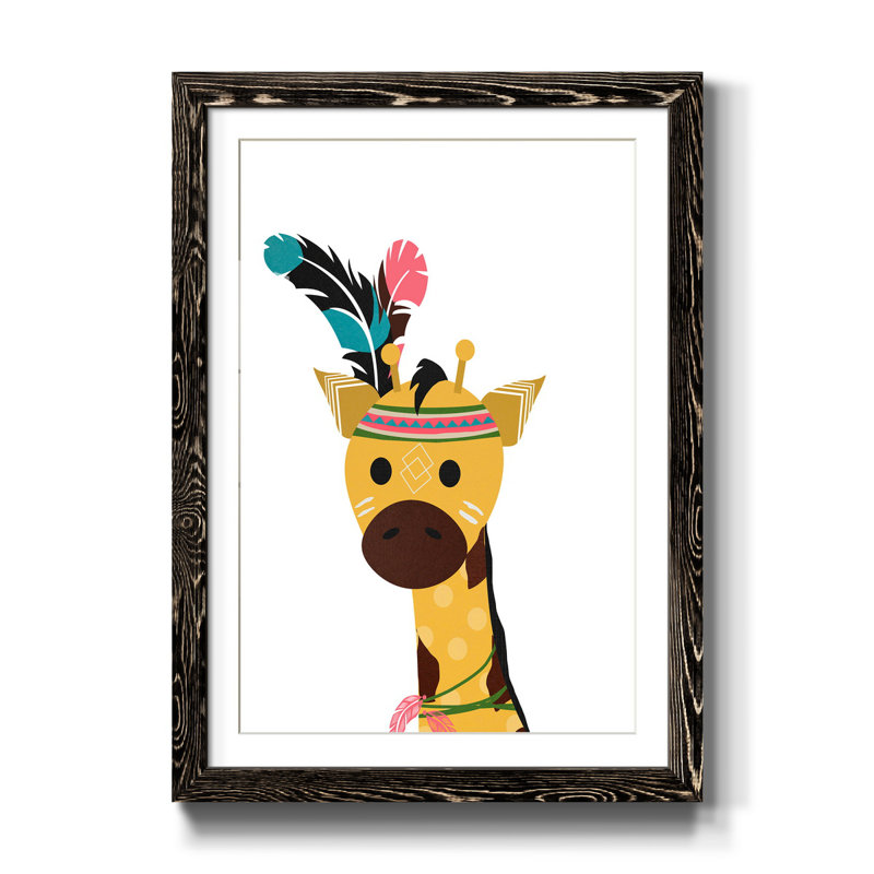 Boho Giraffe - impression d'art graphique, H 31,5 po x l 23,5 po x P 1,5 po, Papier encadré noir, Blanc