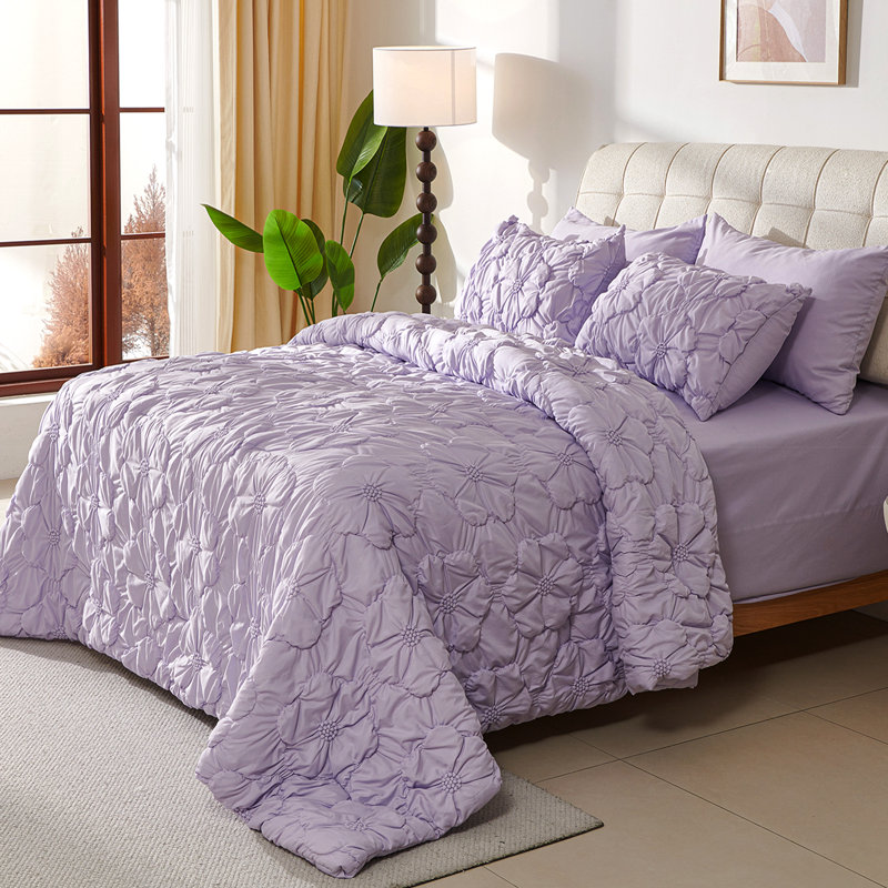 7 Piece Pintuck Pleat Comforter Set,Floral Ruched Bedding Set with Sheets All Season Bed in a Bag, Purple
