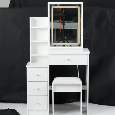Left Bedside Cabinet Vanity - Sliding Led Mirror With 3 Color Options & Brightness Adjustable White , American Charm Mirror, Switching, Brightness, Cushioned Stool, Suited For Compact Spaces,