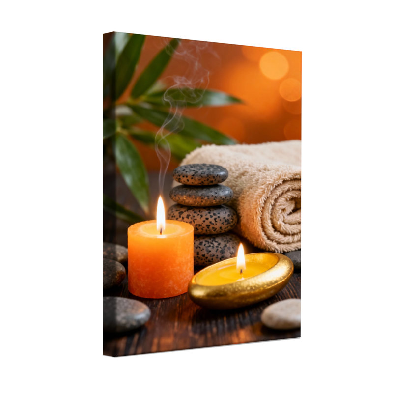 Bath & Laundry Candle Light Stones Towel Leaves Wood, 18" H x 12" W