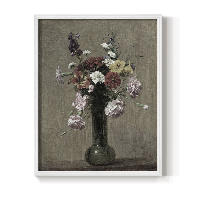 Impression florale rétro avec encadrement LII - bois massif, H 21 po x l 17 po, Blanc