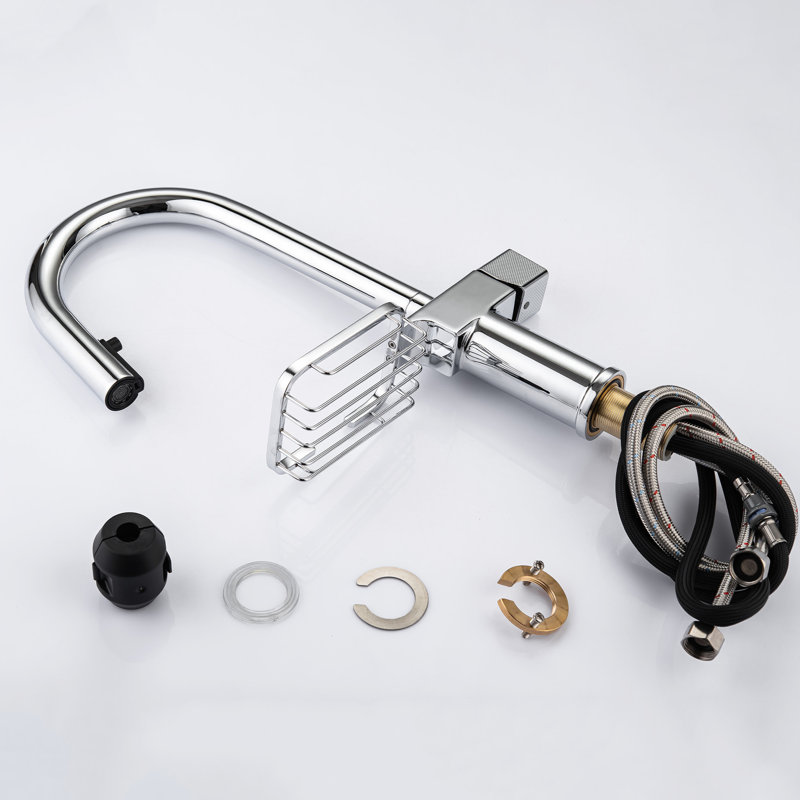 Robinet de cuisine à un trou à finition arquée en acier inoxydable à un trou avec fonction double, pivotant sur 360 ° et rangement pour garde-manger en acier