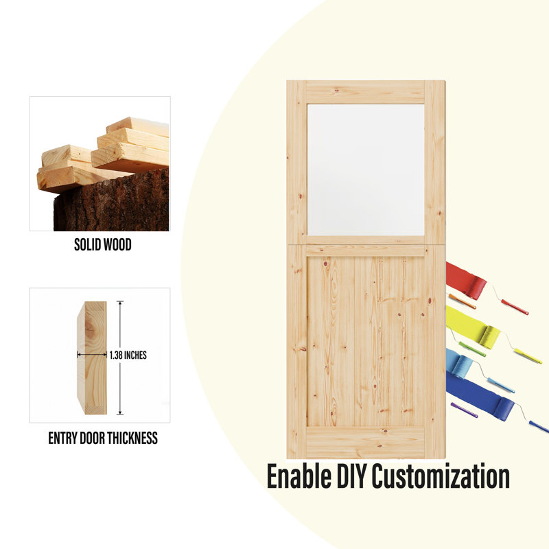 Porte extérieure - 1 porte d'entrée en bois de pin massif en verre givré massif, L 32 po x H 80 po