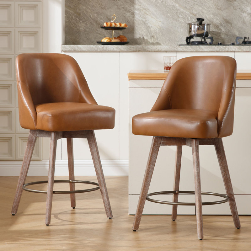  Malikhai Swivel 26" Swivel Upholstered Counter Stool with Solid Wood Frame, Brown