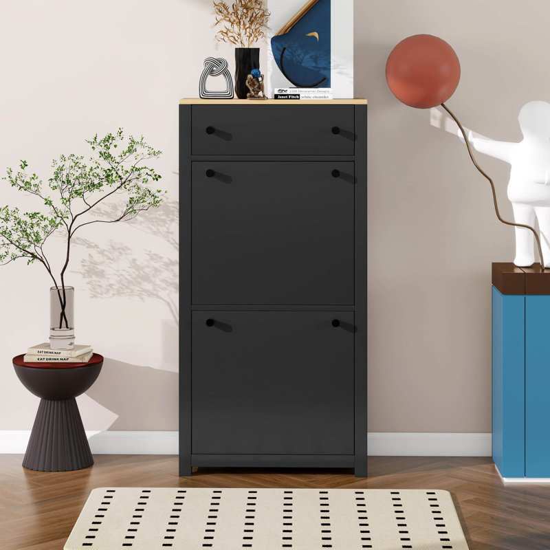 Free Standing Shoe Rack With 2 Flip Drawers And Adjustable Panel, Wood Grain Pattern Top Cabinet, Functional Entryway Organizer