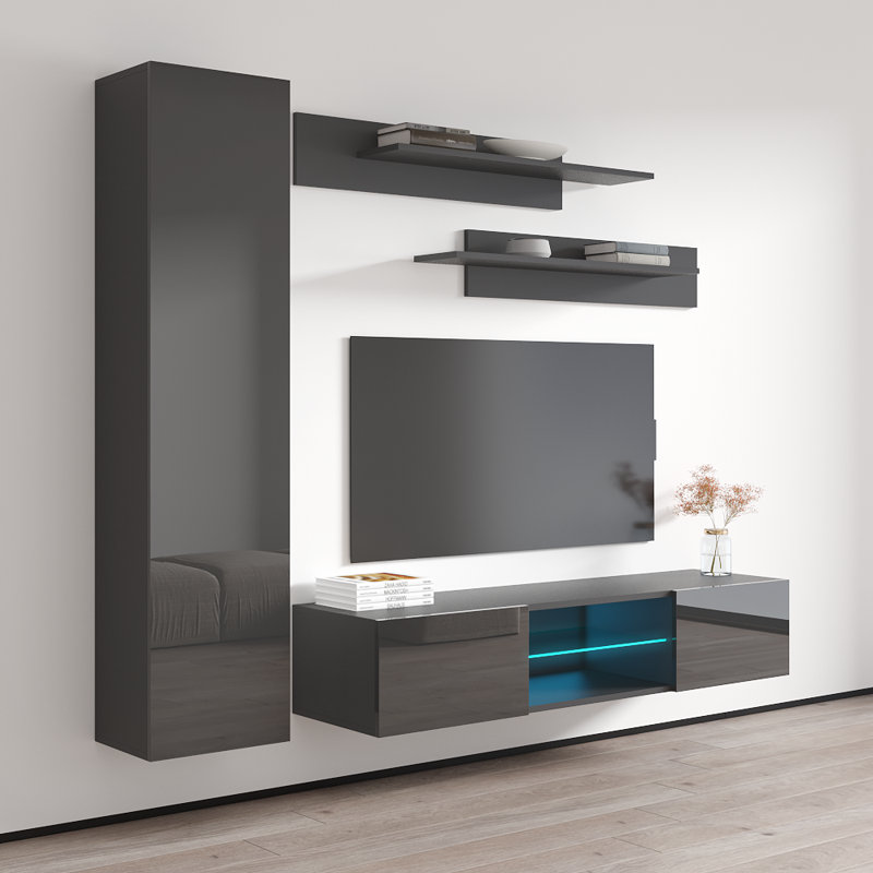 85" Modern Floating Wall Mounted Entertainment Center with 16-Color LED Lighting, High Gloss Finish, Gray