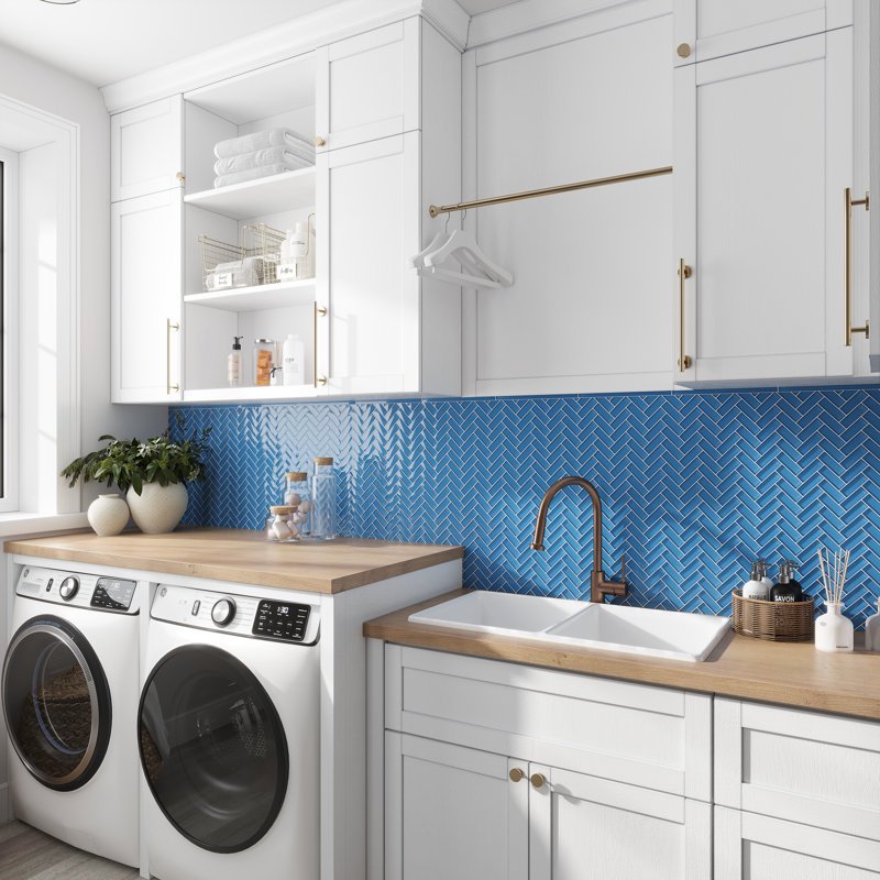 11"X 12.6" Herringbone Polished Glass Mosaic Tile, Sky Blue