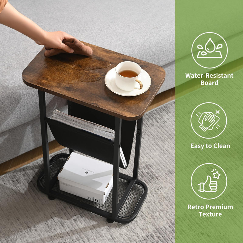 Narrow End Tables With Magazine Rack Mesh Shelves, Small Side Table With Storage, Bedside Couch Table Skinny Nightstand, Rustic Brown