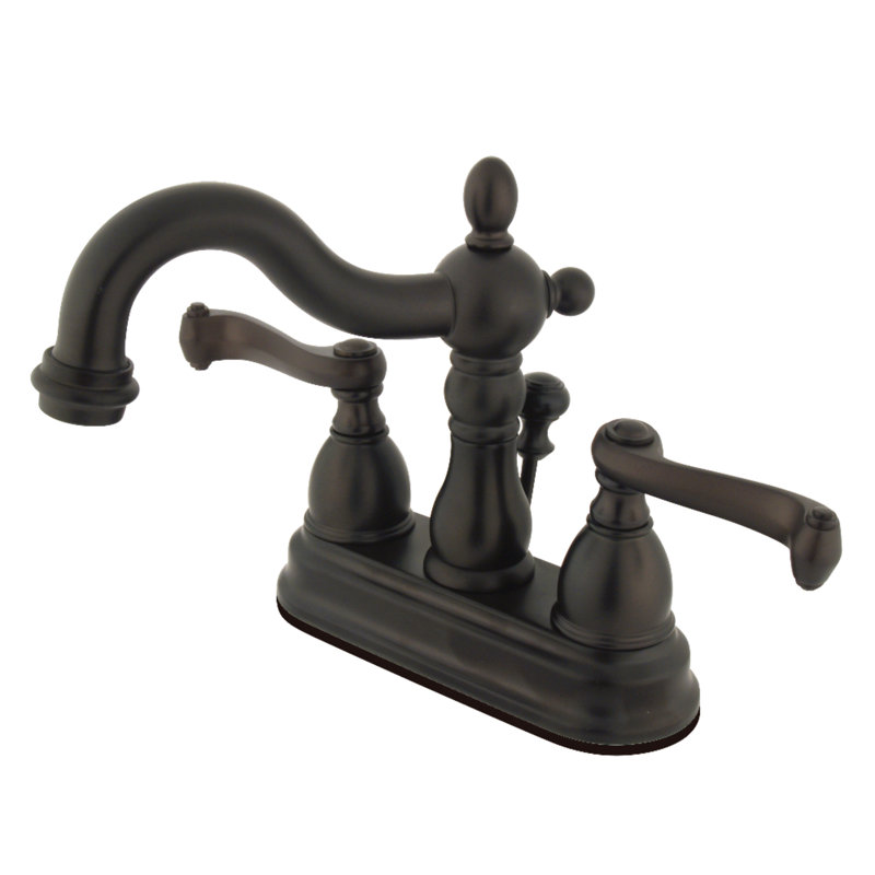 Kingston Brass Heritage Two-Handle 3-Hole Deck Mount 4" Centerset Bathroom Faucet with Plastic Pop-Up, Oil Rubbed Bronze
