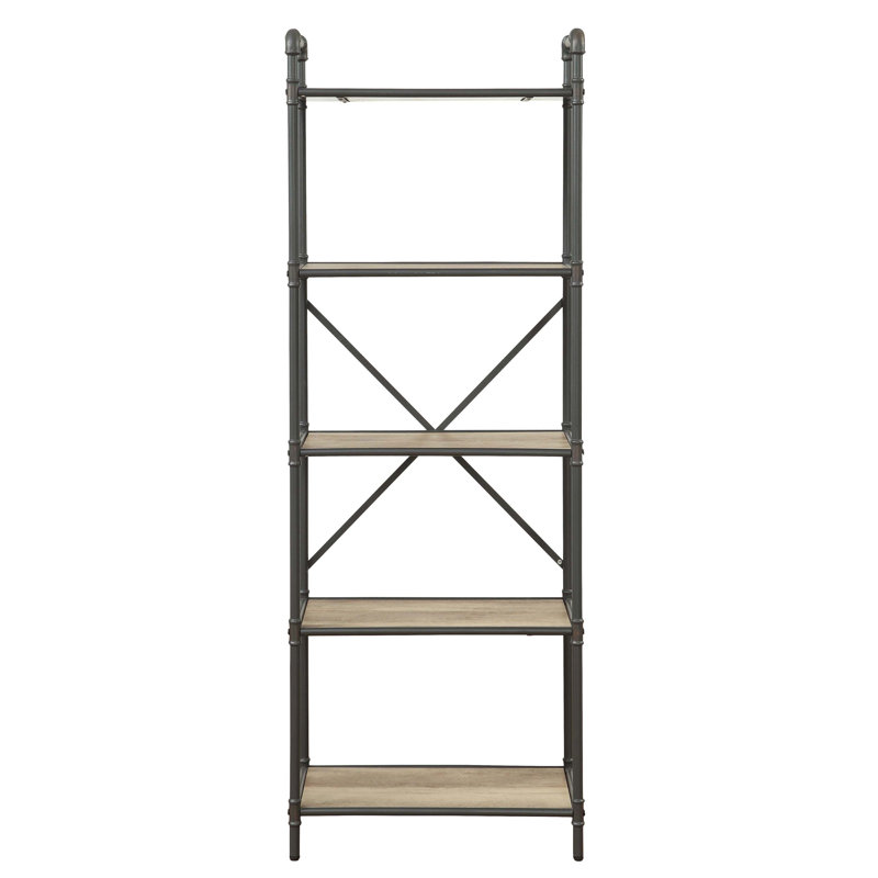 Bibliothèque en chêne antique et gris sablé, (5 Shelves) 63.5"H x 26.5"W x 14.5"D