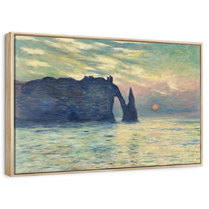 Coucher de soleil sur la falaise d'Etretat, Cadre flottant en bois naturel, 37 po x 25 po