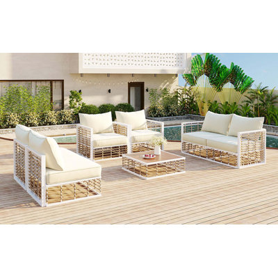 Modern Minimalist 7-Piece Metal Patio Sectional Sofa Set, All-Weather Garden Conversational Furniture Set with Thick Cushions and Coffee Table for Ind