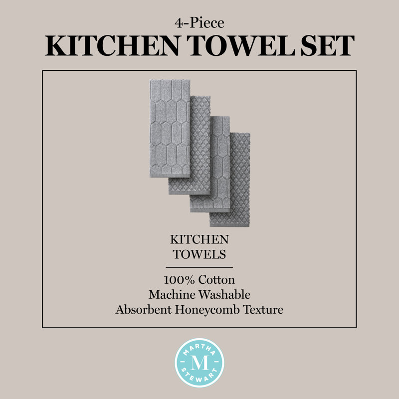 Ensemble de 4 serviettes de cuisine texturées en nid d'abeille texturé 16 pi x 28 po MARTHA STEWART, Gris