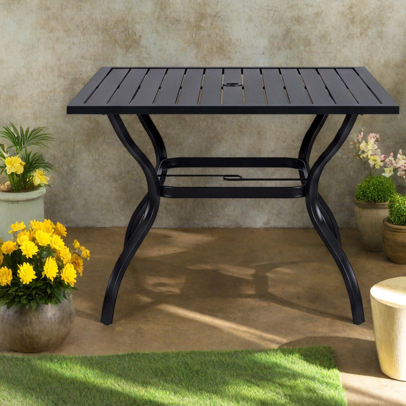 Modern Steel Slat Patio Table With Umbrella Hole, Outdoor Dining