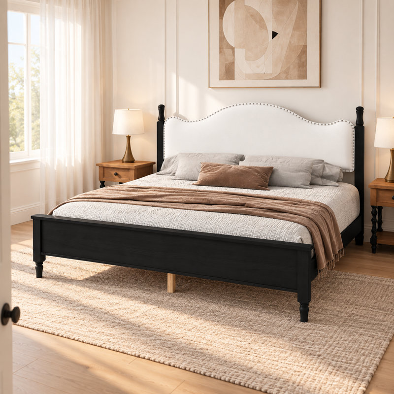 Lit plateforme en bois de taille King avec tête de lit rembourrée, cadre robuste en bois et MDF avec sommier à lattes en bois dense