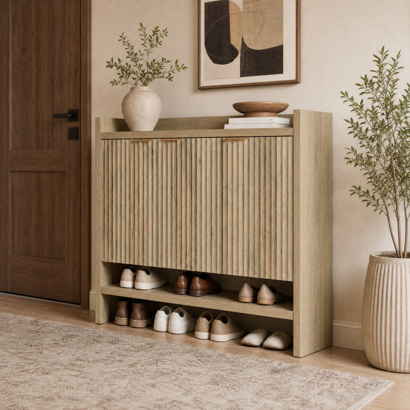 Nicolee 30 Pair Shoe Storage Cabinet, Sand Oak