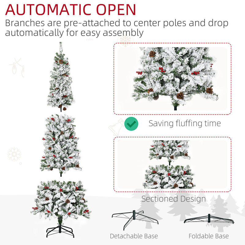 Arbre de Noël artificiel enneigé 7,5 pi avec 600 branches de pin réalistes, pommes de pin, baies rouges et ouverture automatique
