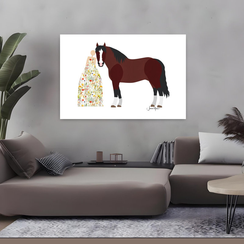 Femme et cheval, art mural minimaliste, fleur, nature