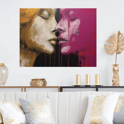 Pink And Yellow Women Romance Couple I - Woman Romantic Metal Wall Art
