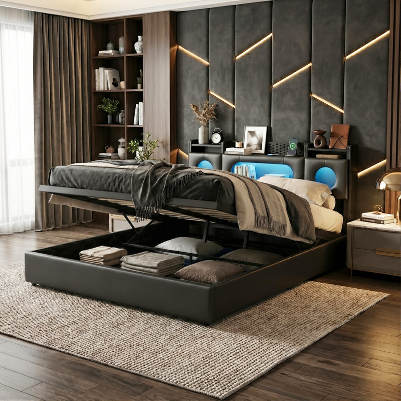 PU Leather Ottoman Bed, RGB LED Storage Headboard & USB-C Charging, European Double (140X200cm) & King (160X200cm) , Black