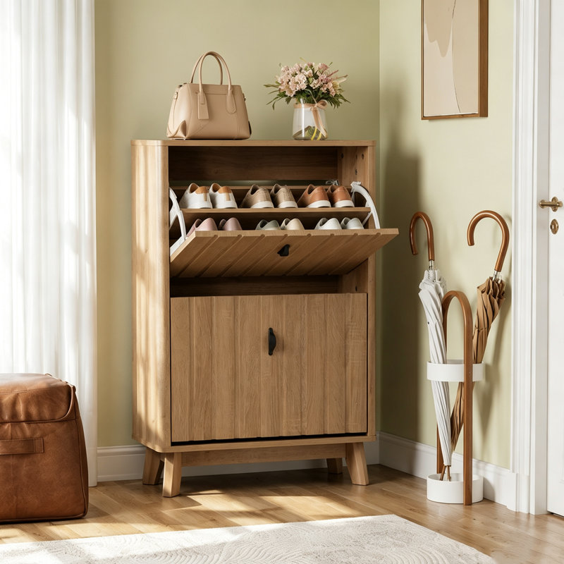 Armoire à chaussures de style moderne Mid-Century 23,6 pouces, étagère à chaussures rabattable en chêne mince avec tablettes réglables