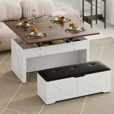  Lift-Top Coffee Table With Storage , Extendable Center Table Set With Ottoman Bench