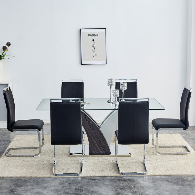 Modern 7-Piece Dining Set with Faux Leather Chairs and Rectangle Tempered Glass Table, Black