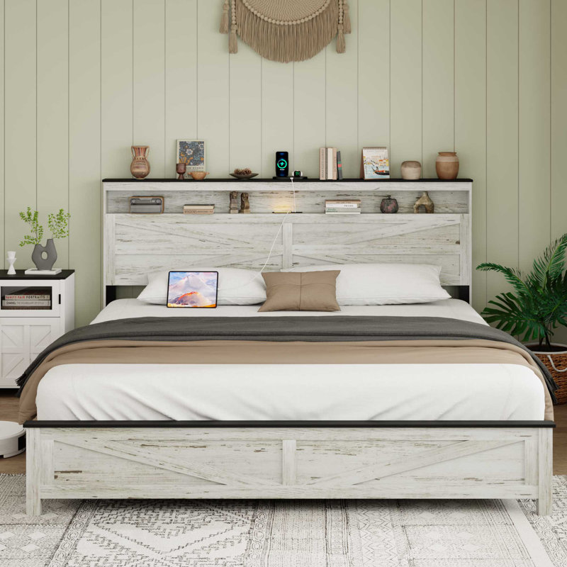 Judd Metal Platform Bed with Wooden Headboard, USB Charging & Storage, King