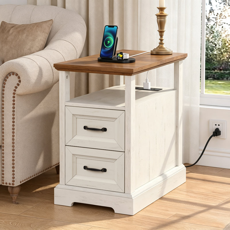 2-Drawer Farmhouse End Table With Built-In Outlets, Natural/Rustic White