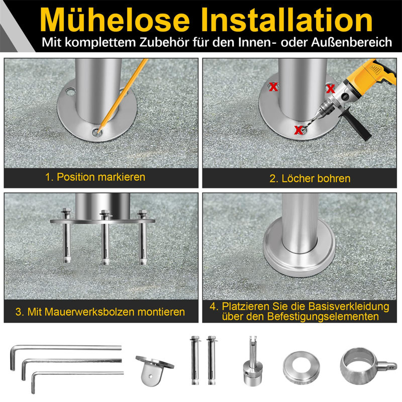 Stainless steel entrance railing, stair railing, angle adjustable handrail including accessories, indoor and outdoor wall handrail for garden stairs