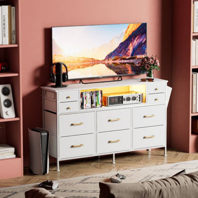 White Dresser for Bedroom with LED Lights Charging Station, 10 Drawers Long Dresser, Wide TV Stand by Wrought Studio