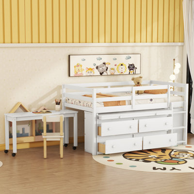 Loft Bed with Retractable Writing Desk and 4 Drawers, Wooden Loft Bed with Lateral Portable Desk and Shelves