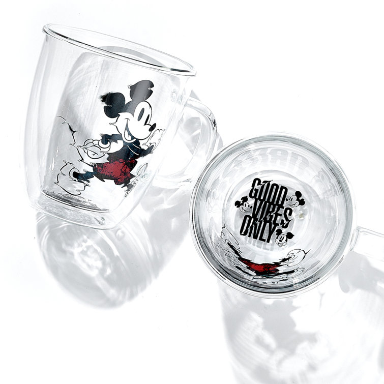 JoyJolt Disney Mickey Mouse & Pluto Double Wall Glass Mugs ~ 13.5 Oz. ~ Set  of 2