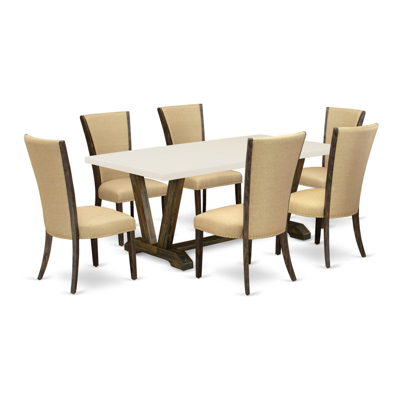 Ensemble de table moderne 7 pièces comprenant une table de salle à manger en lin blanc cassé (blanc cassé) et 6 chaises de salle à manger en tissu de lin brun avec dossier haut - finition jacobine patinée