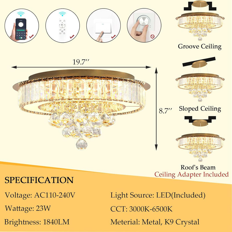 Glam Dimmable Crystal Chandelier, Gold