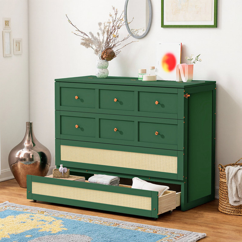 Armoire lit escamotable Murphy avec tiroirs et décor en rotin, Vert, Queen