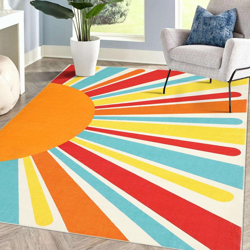 Cute Machine Washable Rugs Sunburst Area Rug Modern Non-Slip Rugs for Bedrooms Colorful Soft Carpet for Kids Boys Girls Dorm Nursery Reading Corner