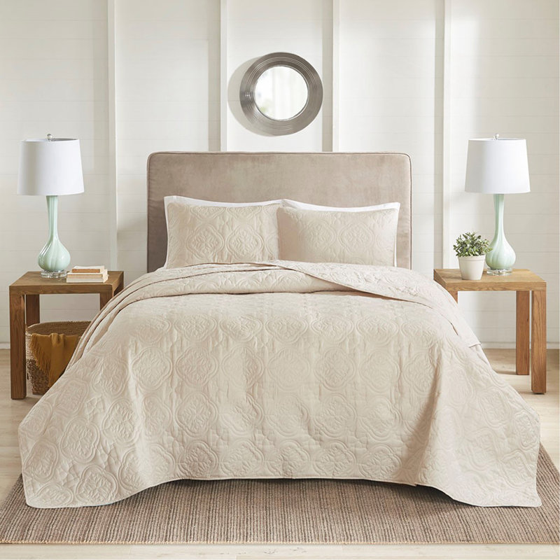 3 Piece Reversible Bedspread Set Cream Full/Queen, Queen Coverlet/Bedspread + 2 Shams, Cream