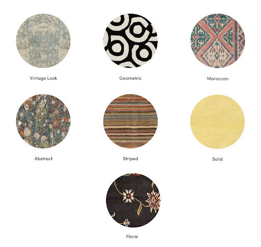 A collage of rug patterns: vintage look, geometric, Moroccan, abstract, striped, solid, and floral.