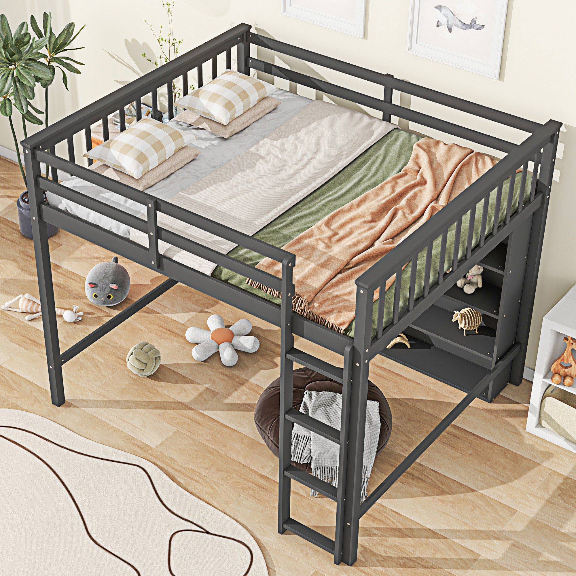 Latitude Run® Loft Bed With 8 Open Storage Shelves And Built-In Ladder ...