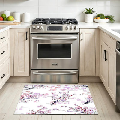 White Machine Washable,Flowers Watercolor Flower Tree Indoor Area Rug