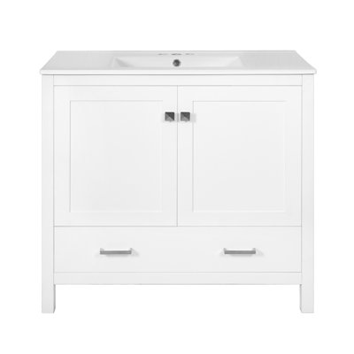 Bathroom Vanity with Ceramic Sink, Soft-Close Doors, Double Storage Shelves & Divided Drawer – Modern Bathroom Cabinet with Ample Storage