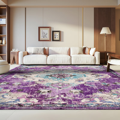 Brynlee Oriental Machine Made Power Loom Polypropylene Area Rug in Lavender/Light Blue