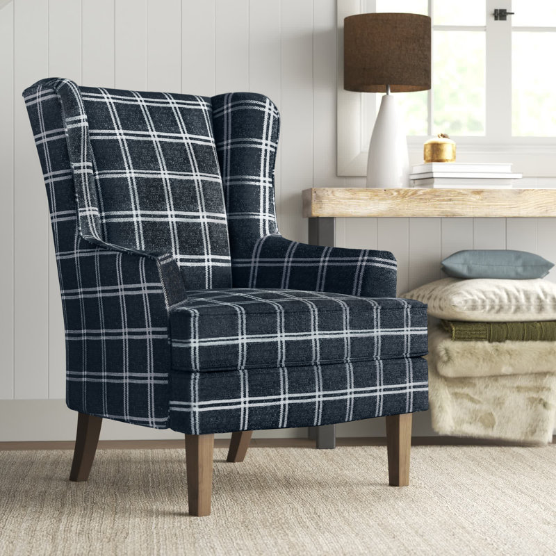 Alexys Upholstered Wingback Chair, Navy Plaid