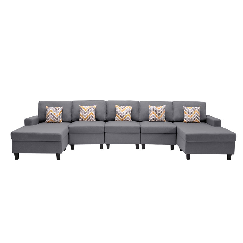 Canapé modulaire à méridienne double 5 pièces Latitude Run® avec coussins et pieds interchangeables, 100 % lin gris