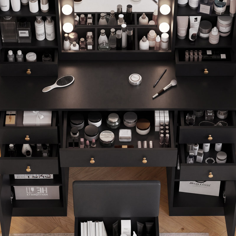 Durnan Vanity & Stool ,LED Lights And Power Outlet, Bedroom Makeup Vanity Table With 2 Glass Storage Cabinet And 7 Drawers