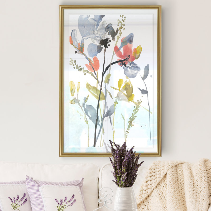 «Flower Overlay II», peinture sur toile, H 22,5 po x l 30,5 po x P 1,5 po, Encadrement doré