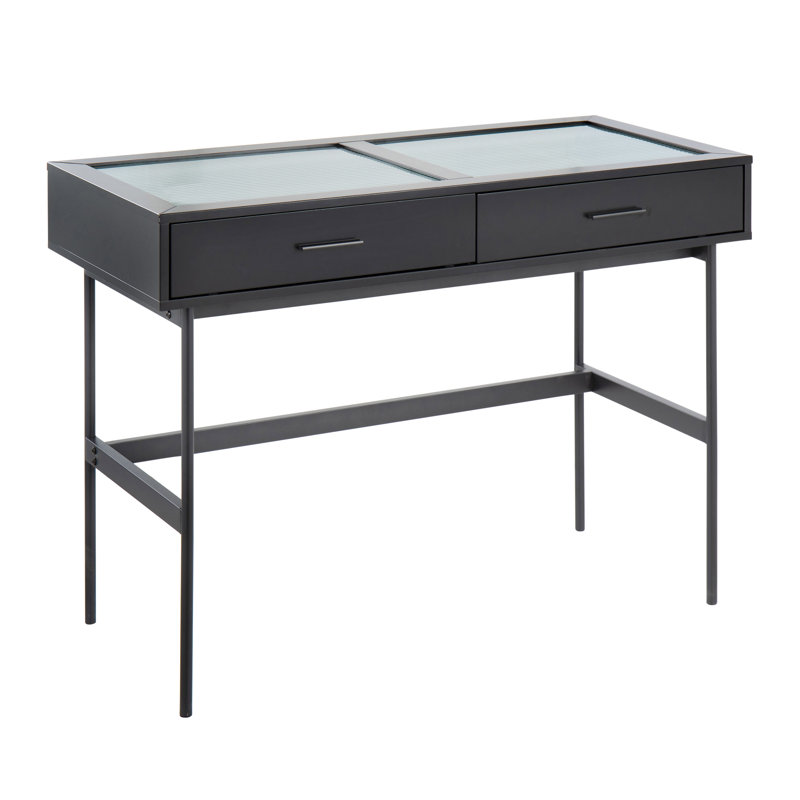 Console contemporaine, 1 pièce, 19,75 po x 43,5 po x 31,5 po, bois, métal et verre, console noire, plateau en verre trempé avec deux tiroirs