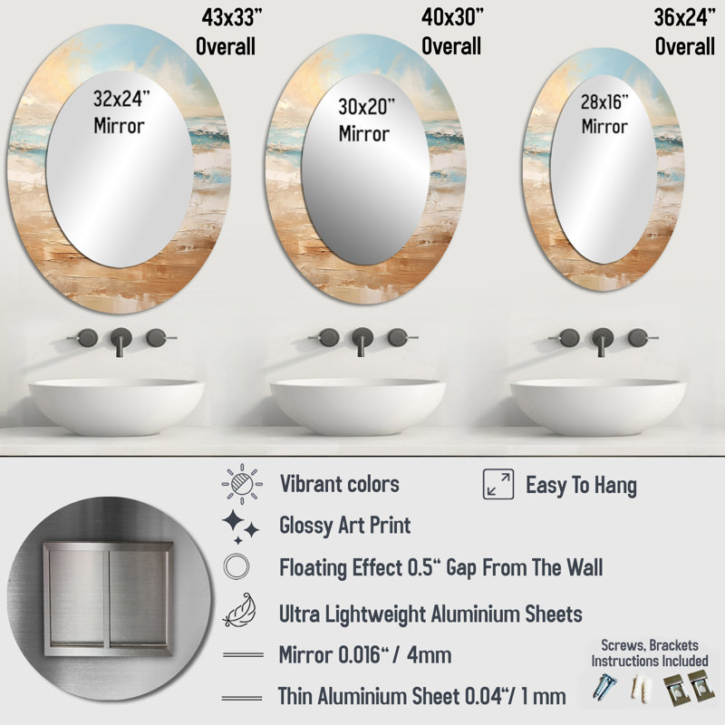 Golden And Blue Beach Tranquility II - Beige Coastal Oval Wall Mirror, 40" x 30"