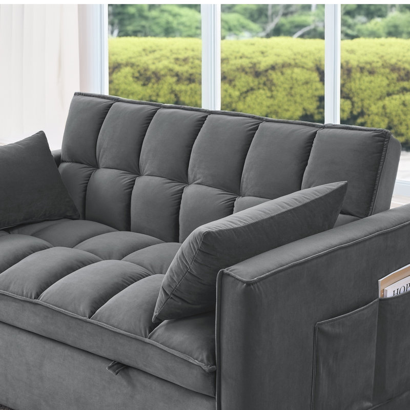Eiri 55'' Wide Convertible Velvet Sleeper Square Arm Sofa Bed with Reclining Backrest and 2 Throw Pillows, Dark Gray